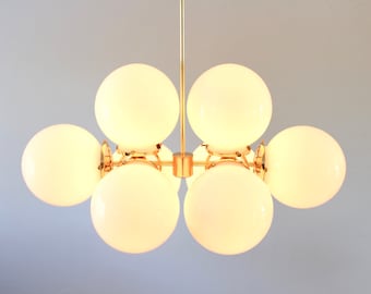 Kitchen Island Chandelier, Large Globe Pendant Lighting Fixture, Brass Finish, Eight 8" Frosted White Glass Globes