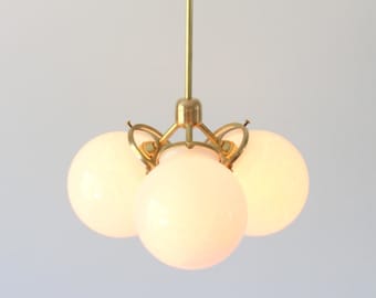 Brass Chandelier Pendant Light, Modern Industrial Hanging Ceiling Mount Lighting Fixture, 3 White Glass Bubble Globes, Free Shipping