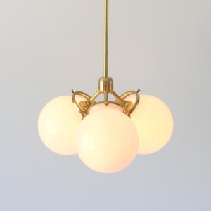 Brass Chandelier Pendant Light, Modern Industrial Hanging Ceiling Mount Lighting Fixture, 3 White Glass Bubble Globes, Free Shipping