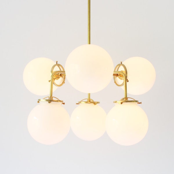 Modern Brass Chandelier Lighting Fixture, 6 White Glass Globes, BootsNGus Lighting and Home Decor