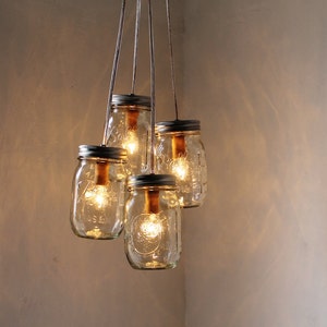 Mason Jar Chandelier, 4 Clustered Jars, Mason Jar Pendant Lighting Fixture, Rustic Upcycled Mason Jar Lights, Bulbs Included, Free Shipping image 1