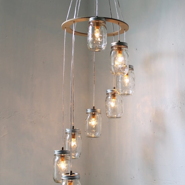 Spiral Mason Jar Chandelier, Rustic Hanging Pendant Lighting Fixture, 8 Clear Jars, Modern BootsNGus Lighting & Home Decor, Bulbs Included