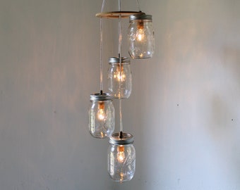 Spiral Mason Jar Chandelier, Rustic Hanging Mason Jar Pendant Lighting Fixture 4 Clear Pint Jars, BootsNGus Lighting & Decor, Bulbs Included