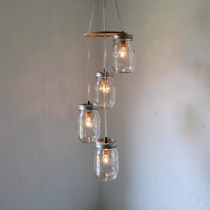 Spiral Mason Jar Chandelier, Rustic Hanging Mason Jar Pendant Lighting Fixture 4 Clear Pint Jars, BootsNGus Lighting & Decor, Bulbs Included