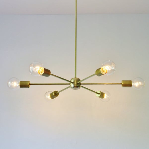 Sputnik kroonluchter, mid century moderne messing hanger verlichting armatuur, 6 armen, grote hangende plafond mount lamp, gratis verzending