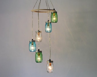Sea Glass Spiral Mason Jar Chandelier, Hanging Chandelier Lighting Fixture, Green Blue & Clear Jars, Mason Jar Pendant Light, Bulbs Included