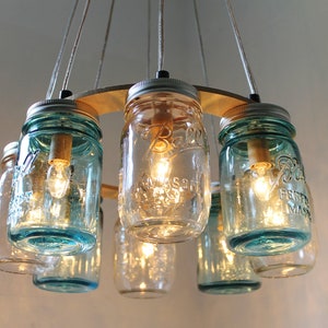 Mason Jar Chandelier, Beach House Mason Jar Lighting Fixture, Blue and Clear Jars, Hanging Pendant Light, BootsNGus Lighting, Bulbs Included image 1