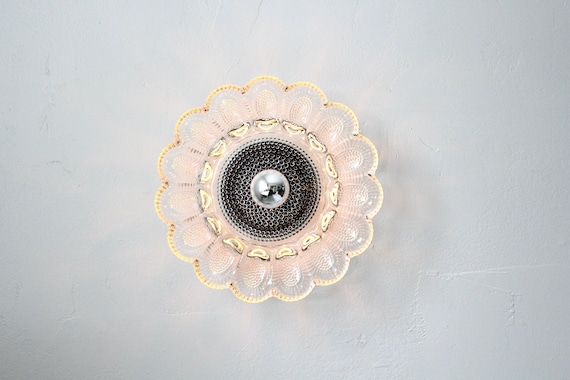 Platter Sconce Lamp, One Of A Kind Wall Mounted Lighting Fixture Featuring a Vintage Indiana Glass Hobnail Deviled Egg Plate Shade