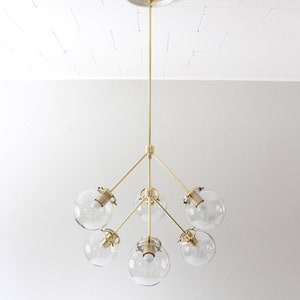 Sputnik Chandelier, Brass Pendant Lighting Fixture, 6 Clear Glass Bubble Globes, 6 Arms Mid Century Modern Kitchen Dining Room Chandelier image 6