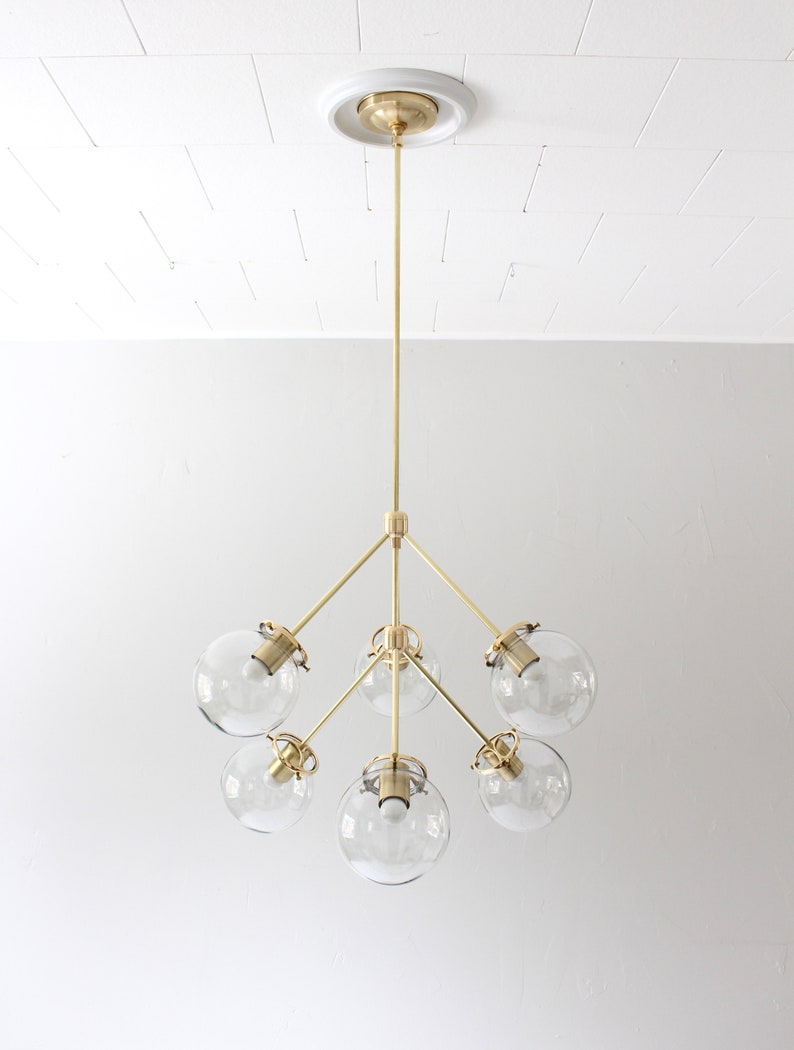 Sputnik Chandelier, Brass Pendant Lighting Fixture, 6 Clear Glass Bubble Globes, 6 Arms Mid Century Modern Kitchen Dining Room Chandelier image 6