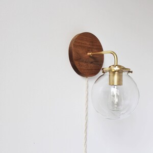 Wall Sconce Lamp, Bubble Globe Sconce Light, Brass and Wood Industrial Modern Lighting Fixture, Clear Glass Shade, Wire-In Or Plug-In image 5