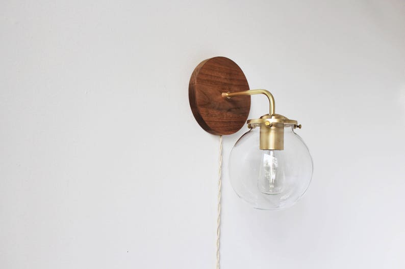 Wall Sconce Lamp, Bubble Globe Sconce Light, Brass and Wood Industrial Modern Lighting Fixture, Clear Glass Shade, Wire-In Or Plug-In image 5