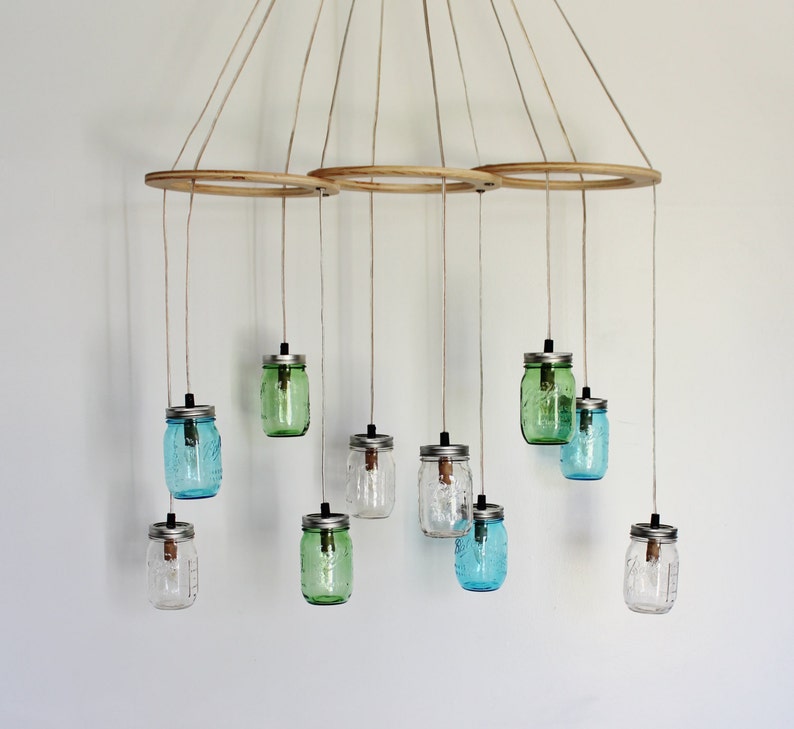 Mason Jar Chandelier, Kitchen Island Dining Table Pendant Lights, Large Hanging Lighting Fixture, Clear Blue & Green Jars, Bulbs Included image 5