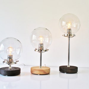 Table Lamp, Industrial Steel, Chrome and Wood Desk Lamp, Clear Globe Glass Shade, Modern BootsNGus Lighting & Home Decor