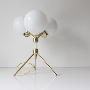 Brass Table Lamp, Tripod Desk Lamp, 3 White Glass Globe Shades, Modern BootsNGus Designer Lighting & Home Decor image 4