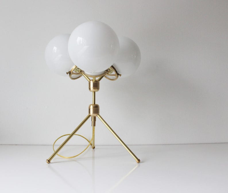 Brass Table Lamp, Tripod Desk Lamp, 3 White Glass Globe Shades, Modern BootsNGus Designer Lighting & Home Decor image 4