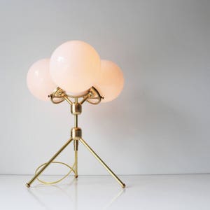 Brass Table Lamp, Tripod Desk Lamp, 3 White Glass Globe Shades, Modern BootsNGus Designer Lighting & Home Decor image 2