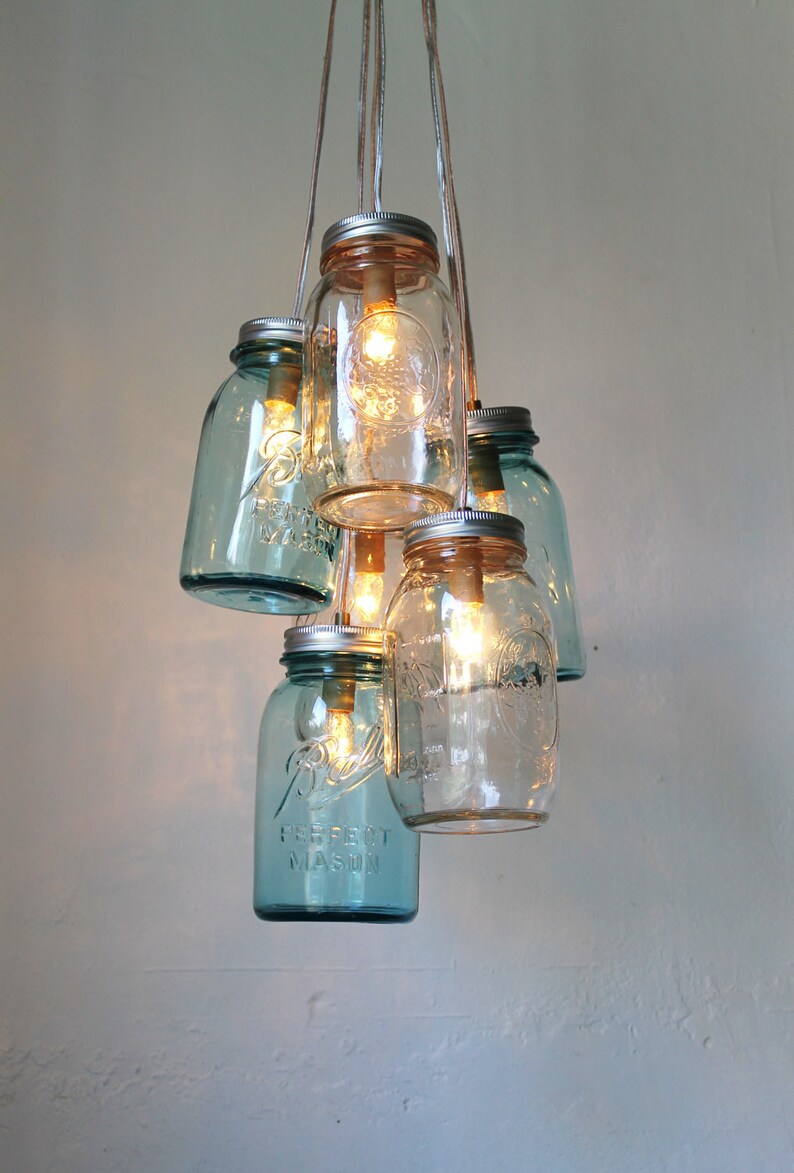 6 Clustered Clear and Antique Aqua Blue Jars Mason Jar Chandelier Handcrafted Rustic Hanging Lighting Fixture BootsNGus Lights /& Decor
