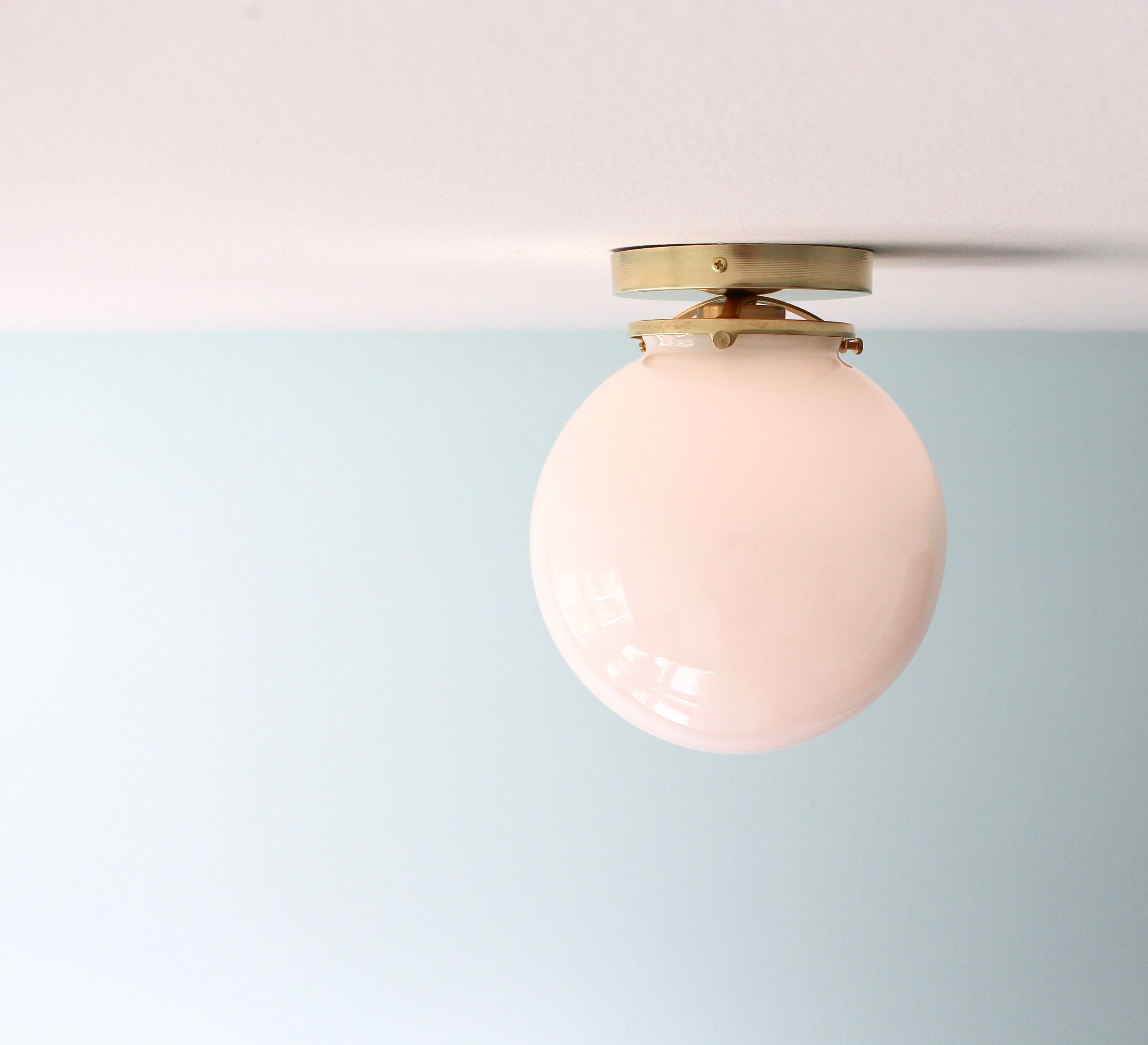 Bubble Flush Mount Ceiling Lighting Fixture, Brass Flush Mount Lamp, White 8" Glass Globe Shade, Mid Century Modern Home Lighting and Decor