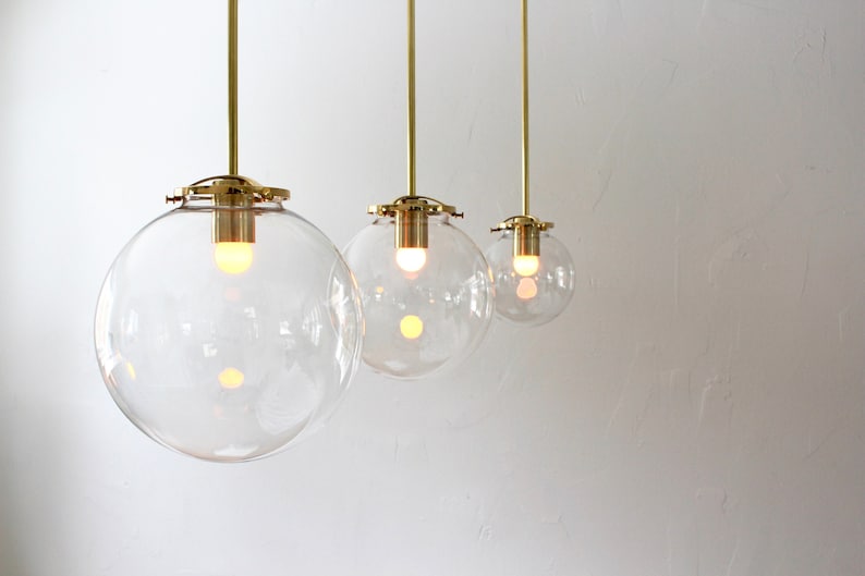 Bubble Pendant Light, 8 Clear Glass Globe Shade, Brass Finish, Single Mid Century Modern Hanging Pendant Lighting Fixture image 1