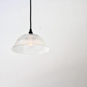 May include: Clear glass pendant light with a textured, dotted pattern shade. The light hangs from a black cord and fixture against a white background. The light bulb is visible inside the shade.