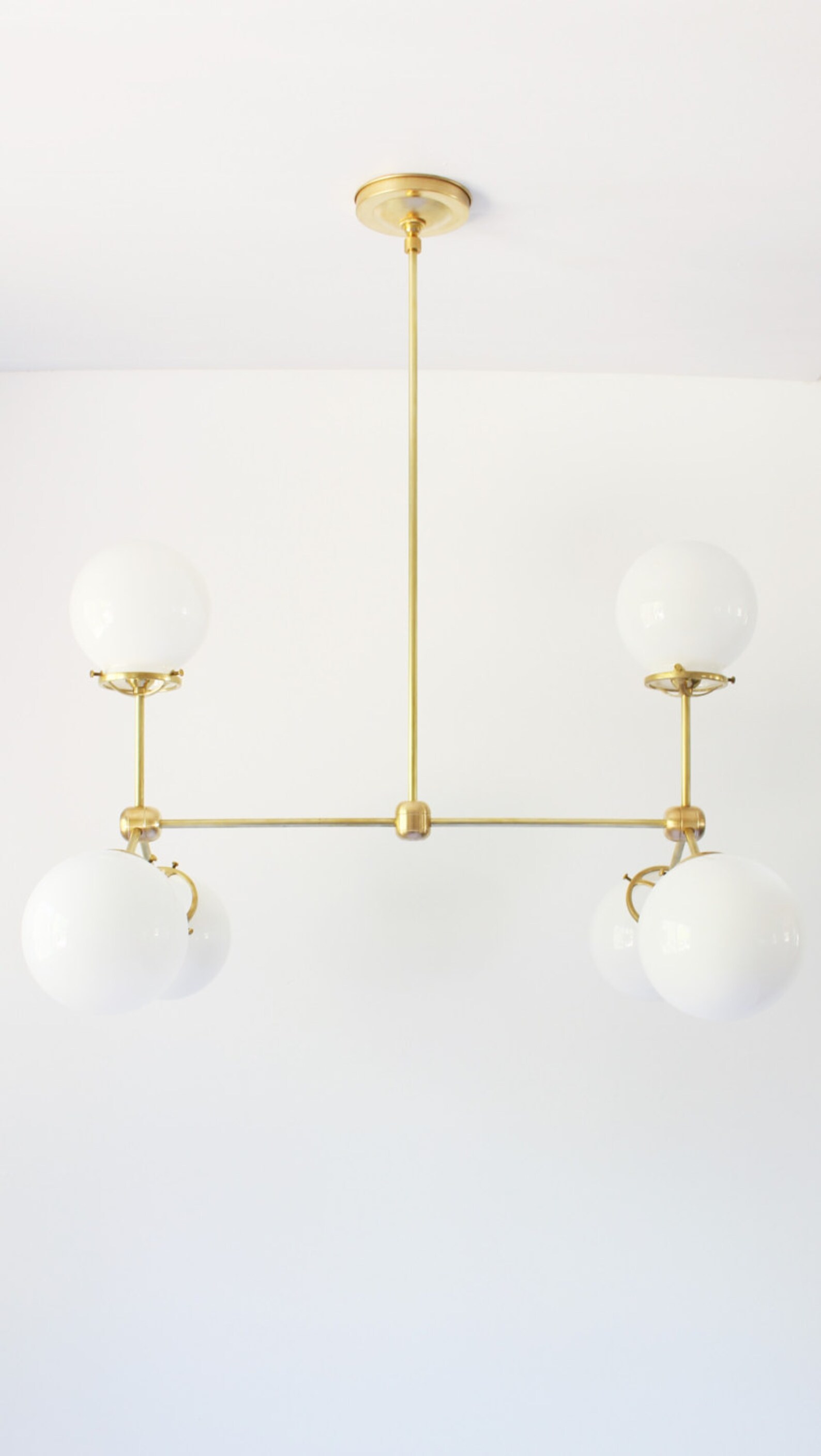 Modern Brass Chandelier 6 White Glass Globes Large Hanging Etsy