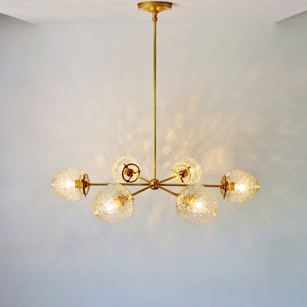 Modern Brass Chandelier With Clear Glass Acorn Shades, 6 Sockets, Handmade Hanging Lighting Fixture, BootsNGus Lights and Home Decor