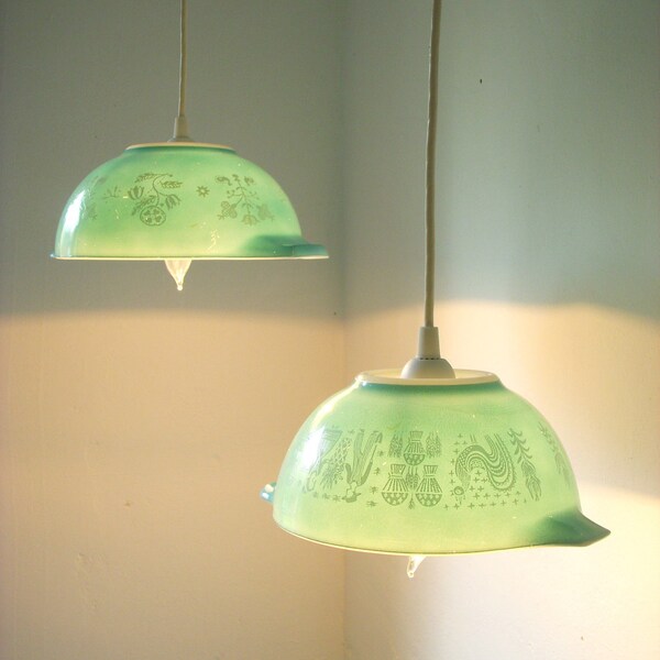 Summer Mornings Robins Egg Blue Farmhouse Motif Pyrex Glassware Bowls Light Hanging Pendant Lighting Fixture - UpCycled ReCycled Repurposed - Pair of 2 Swag Lights