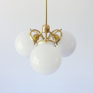 Brass Chandelier Pendant Light, Modern Industrial Hanging Ceiling Mount Lighting Fixture, 3 White Glass Bubble Globes, Free Shipping image 3