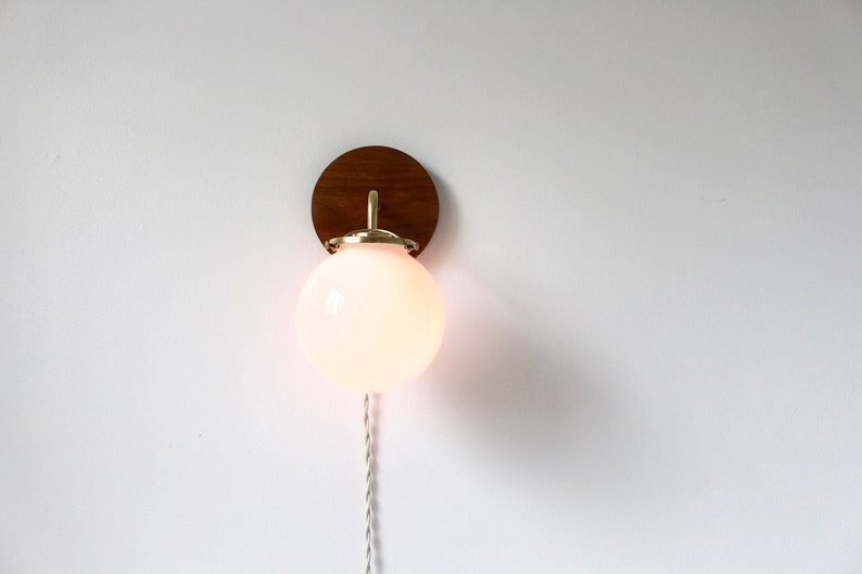 Wall Sconce Lamp, Brass and Wood Modern Wall Mounted Lighting Fixture, Frosted White Glass Globe Shade, Wire-In Or Plug-In image 1