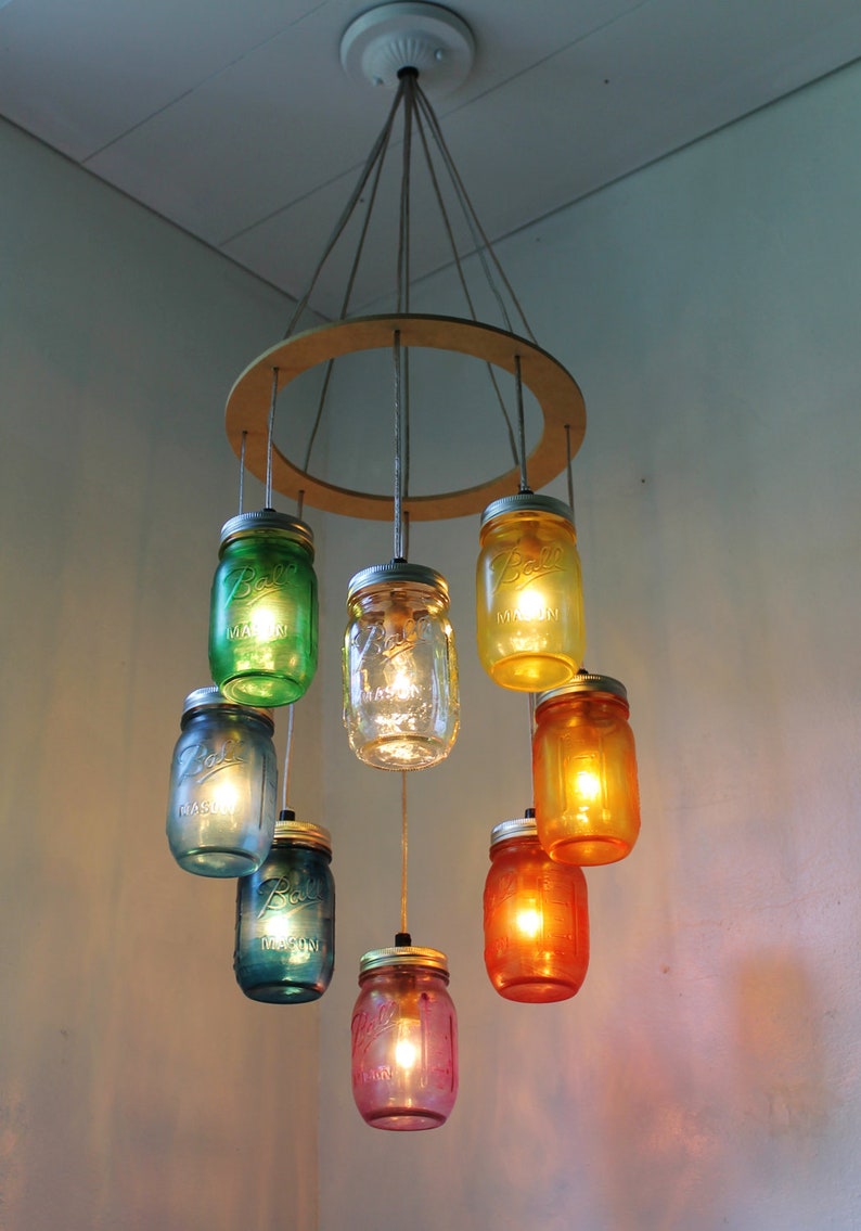 Rainbow Heart-Shaped Mason Jar Chandelier, Rustic Hanging Ceiling Mount Pendant Lighting Fixture by BootsNGus, Bulbs Included, Free Shipping image 2