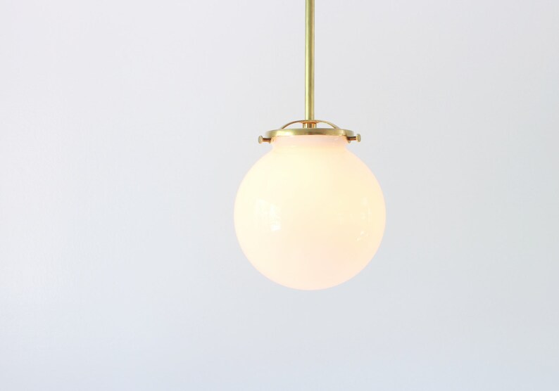 Brass Pendant Light White Glass Globe Gold Hanging Image 0