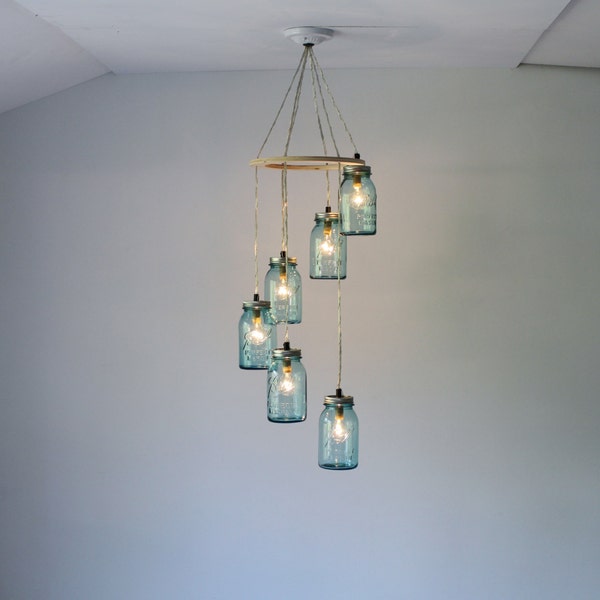 Mason Jar Chandelier, 6 Antique Blue Mason Jar Pendant Lights in a Spiral, Hanging Lighting Fixture, BootsNGus Modern Home Lighting & Decor