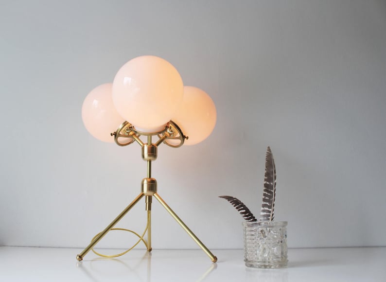 Brass Table Lamp, Tripod Desk Lamp, 3 White Glass Globe Shades, Modern BootsNGus Designer Lighting & Home Decor image 1