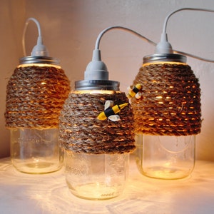 The Hive Mason Jar Pendant Lights, Set Of 3 Hanging Lighting Fixtures With Rope Wrapped Jars, Rustic BootsNGus Lamps & Decor, Bulbs Included image 5