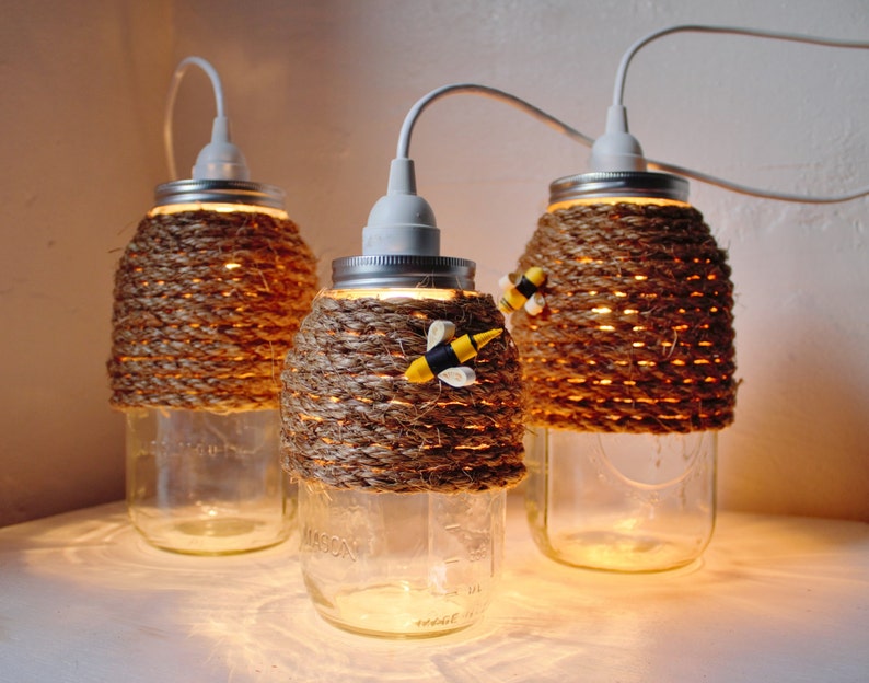 The Hive Mason Jar Pendant Lights, Set Of 3 Hanging Lighting Fixtures With Rope Wrapped Jars, Rustic BootsNGus Lamps & Decor, Bulbs Included image 5