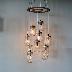 Mason Jar Chandelier, Rustic Hanging Pendant Lighting Fixture, 11 Clear Jars Cluster, Modern BootsNGus Lighting & Home Decor, Bulbs Included image 1