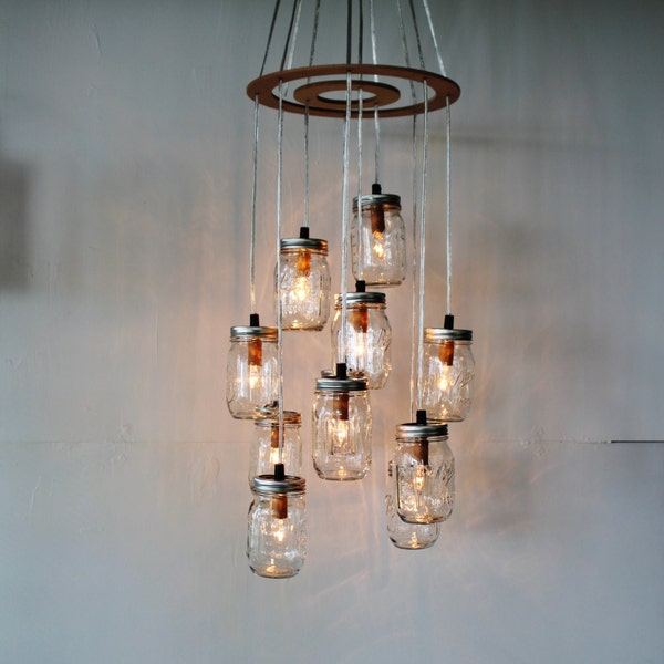 Mason Jar Chandelier, Rustic Hanging Pendant Lighting Fixture, 11 Clear Jars Cluster, Modern BootsNGus Lighting & Home Decor, Bulbs Included