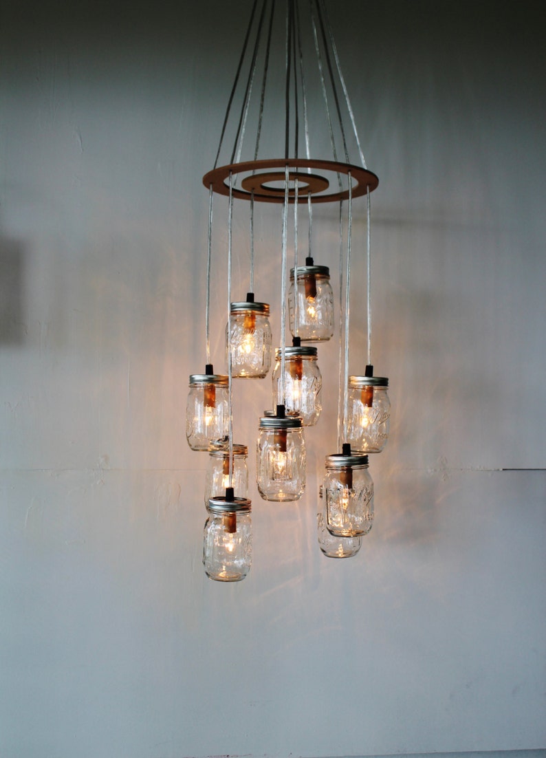 Mason Jar Chandelier, Rustic Hanging Pendant Lighting Fixture, 11 Clear Jars Cluster, Modern BootsNGus Lighting & Home Decor, Bulbs Included image 1