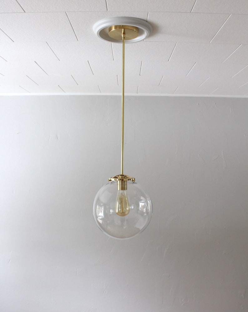 Large Bubble Pendant Light, 10 Clear Glass Globe Shade, Brass Finish, Single Mid Century Modern Hanging Pendant Lamp Lighting Fixture image 4