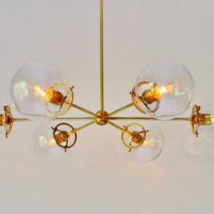 Sputnik Chandelier, Brass Finish, 6 Clear Bubble Glass Globes, Large Modern Hanging Pendant Ceiling Mount Lighting Fixture image 4