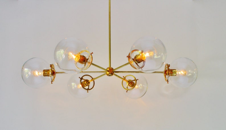 Sputnik Chandelier, Brass Finish, 6 Clear Bubble Glass Globes, Large Modern Hanging Pendant Ceiling Mount Lighting Fixture image 4