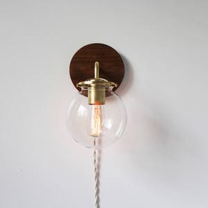 Wall Sconce Lamp, Bubble Globe Sconce Light, Brass and Wood Industrial Modern Lighting Fixture, Clear Glass Shade, Wire-In Or Plug-In image 4