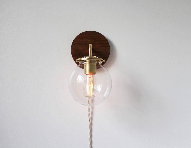 Wall Sconce Lamp, Bubble Globe Sconce Light, Brass and Wood Industrial Modern Lighting Fixture, Clear Glass Shade, Wire-In Or Plug-In image 4