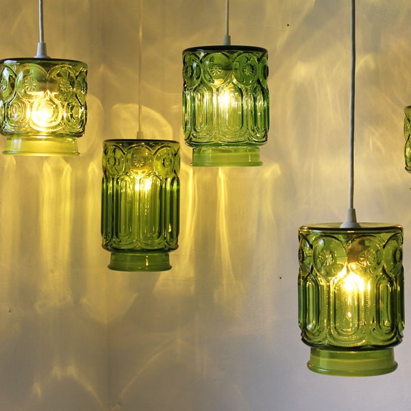 Reserved - Rich Moss Green Emerald Isle Moon and Stars Sparkling Fireflies Forest Finds Pressed Glassware Hanging Pendant Lighting Fixtures - Set of 3 Dangle Lights- Upcycled Recycled Handmade in the USA - L. E. Smith Glass Co.