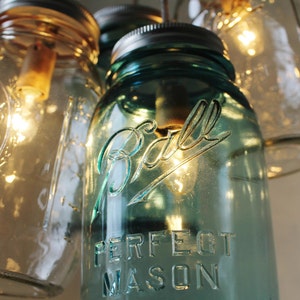 Mason Jar Chandelier, 4 Blue & Clear Quart Ball Jars, Mason Jar Pendants Lighting Fixture, Upcycled BootsNGus Lamp Design, Bulbs Included image 4