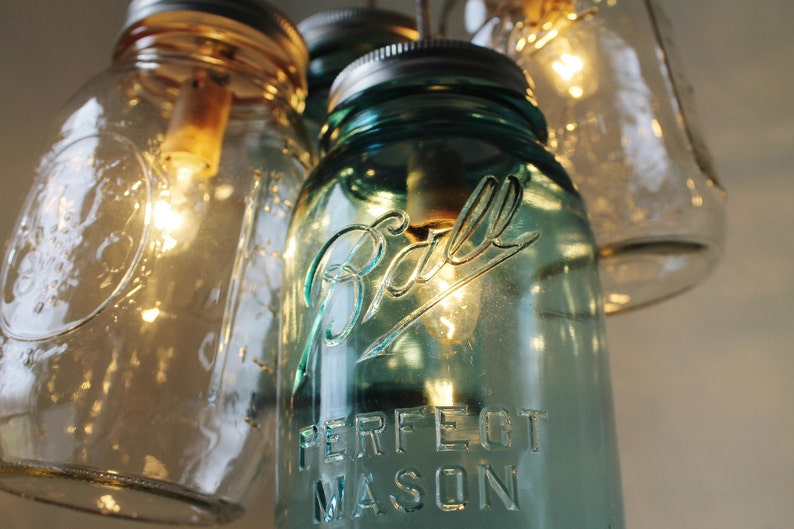 Mason Jar Chandelier, 4 Blue & Clear Quart Ball Jars, Mason Jar Pendants Lighting Fixture, Upcycled BootsNGus Lamp Design, Bulbs Included image 4