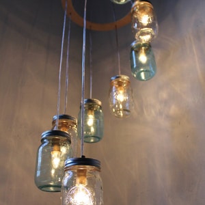 Spiral Mason Jar Chandelier, 8 Clear & Blue Jars, Modern Country Ceiling Mount Hanging Mason Jar Pendants Lighting Fixture, Bulbs Included image 2