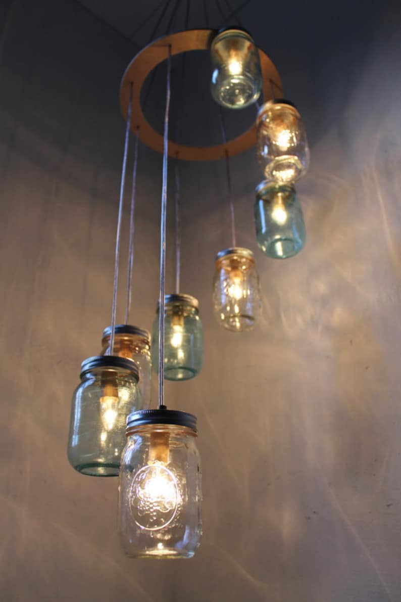 Spiral Mason Jar Chandelier, 8 Clear & Blue Jars, Modern Country Ceiling Mount Hanging Mason Jar Pendants Lighting Fixture, Bulbs Included image 2