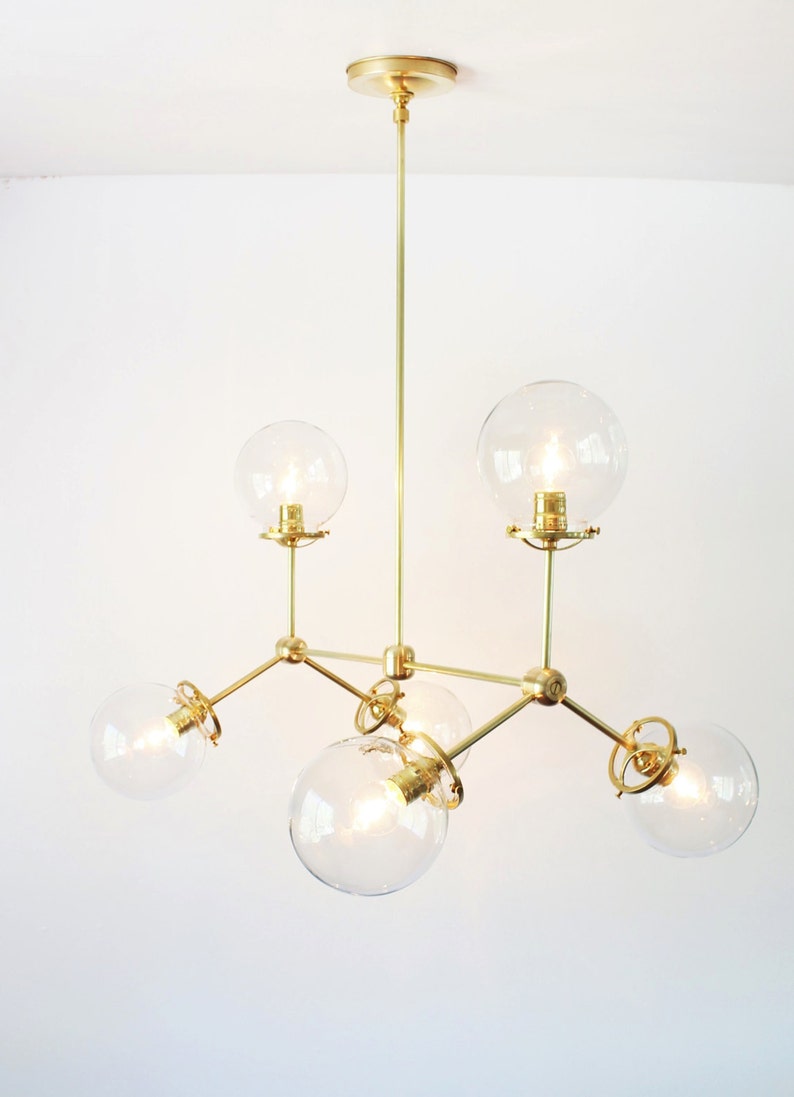 Modern Brass Chandelier 6 Clear Glass Globes Large Hanging Etsy